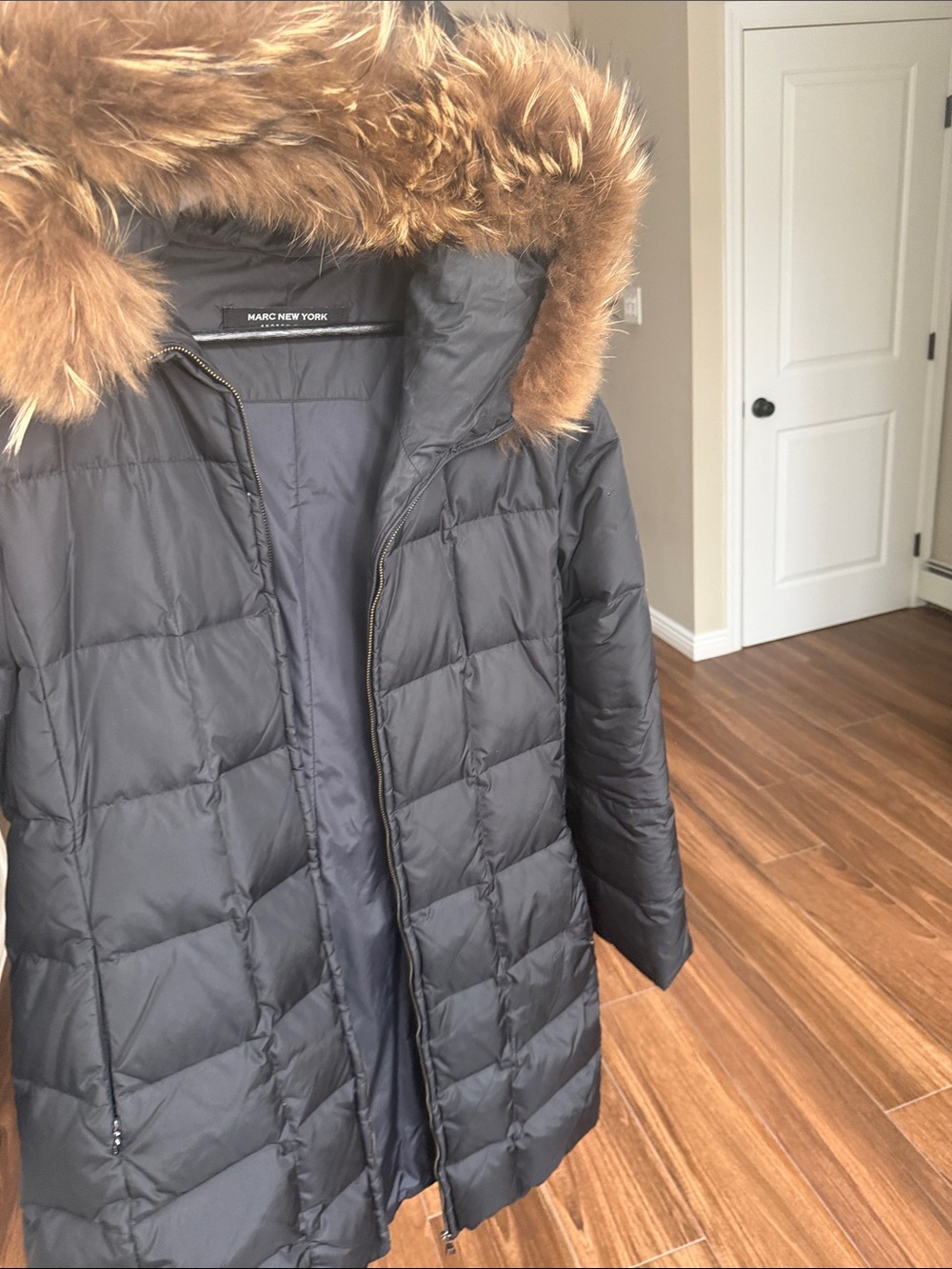 Marc New York Black Quilted Puffer Coat with Brown Fur Trim Hood
